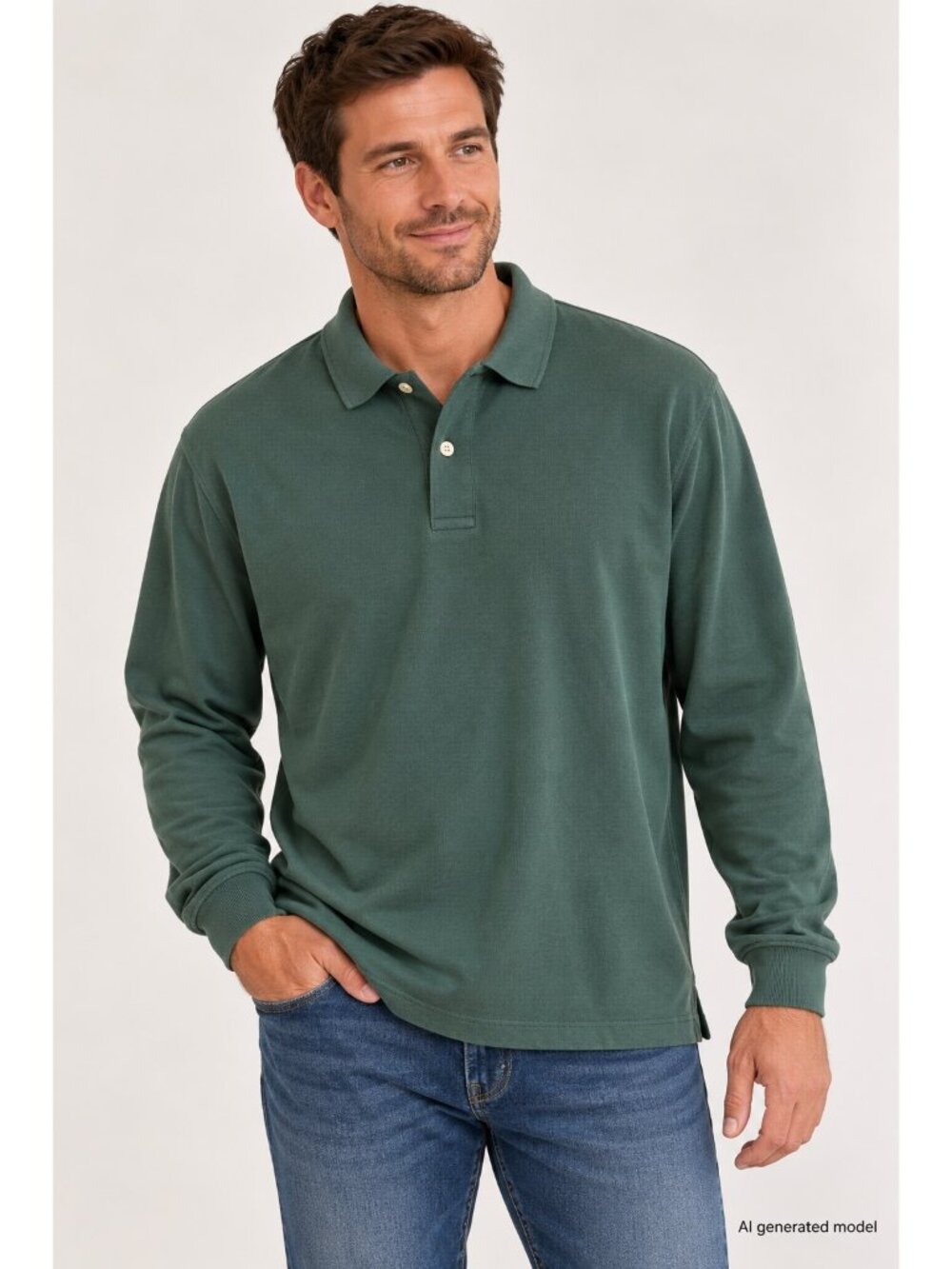 L.L.Bean Mens Green Long-Sleeve Polo Size L  Cotton Traditional Fit
